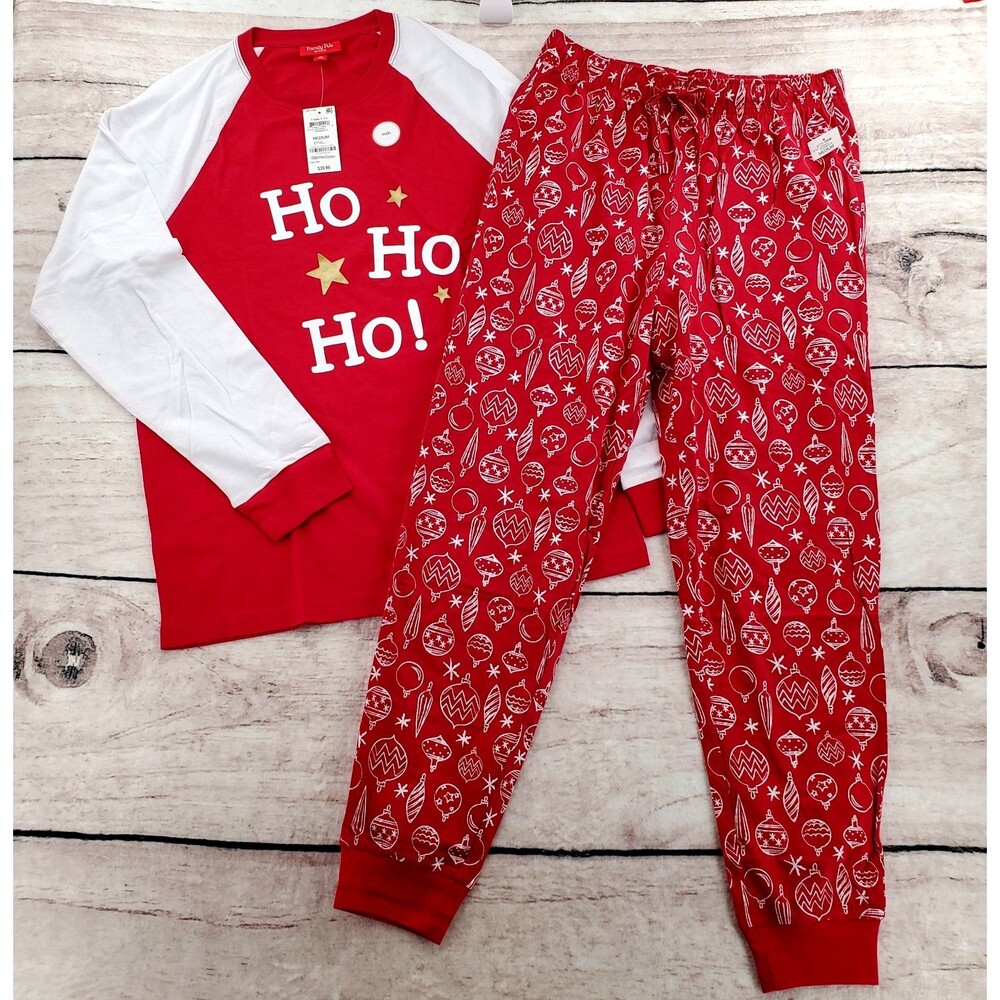 Macys Family PJs Mens M Red Matching Pajama Set Ho Ho Ho Shirt Ornaments Pants